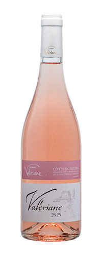 Domaine de la Valériane. Côtes du Rhône Rosé. Sa robe est d’un rose vif et cristallin. Nez frais et intense développant des arômes de fruits rouges et des notes florales. En bouche, équilibré et chaleureux, il possède une très belle persistance aromatique.