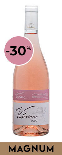 Domaine de la Valériane. Côtes du Rhône Rosé. Sa robe est d’un rose vif et cristallin. Nez frais et intense développant des arômes de fruits rouges et des notes florales. En bouche, équilibré et chaleureux, il possède une très belle persistance aromatique.