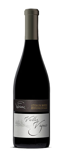 Domaine de la Valériane. Côtes du Rhône Red wine vieilles vignes (old vines). The color is brilliant, a beautiful cherry red, the aromas of ripe fruit and sour cherries mingle with flavors of spices. The attack is round with very present, fine and fleshy tannins, on the palate we find notes of spices with a beautiful aromatic persistence.