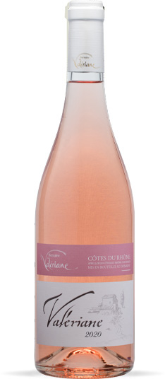 Domaine de la Valériane. Côtes du Rhône Rosé. Sa robe est d’un rose vif et cristallin. Nez frais et intense développant des arômes de fruits rouges et des notes florales. En bouche, équilibré et chaleureux, il possède une très belle persistance aromatique.